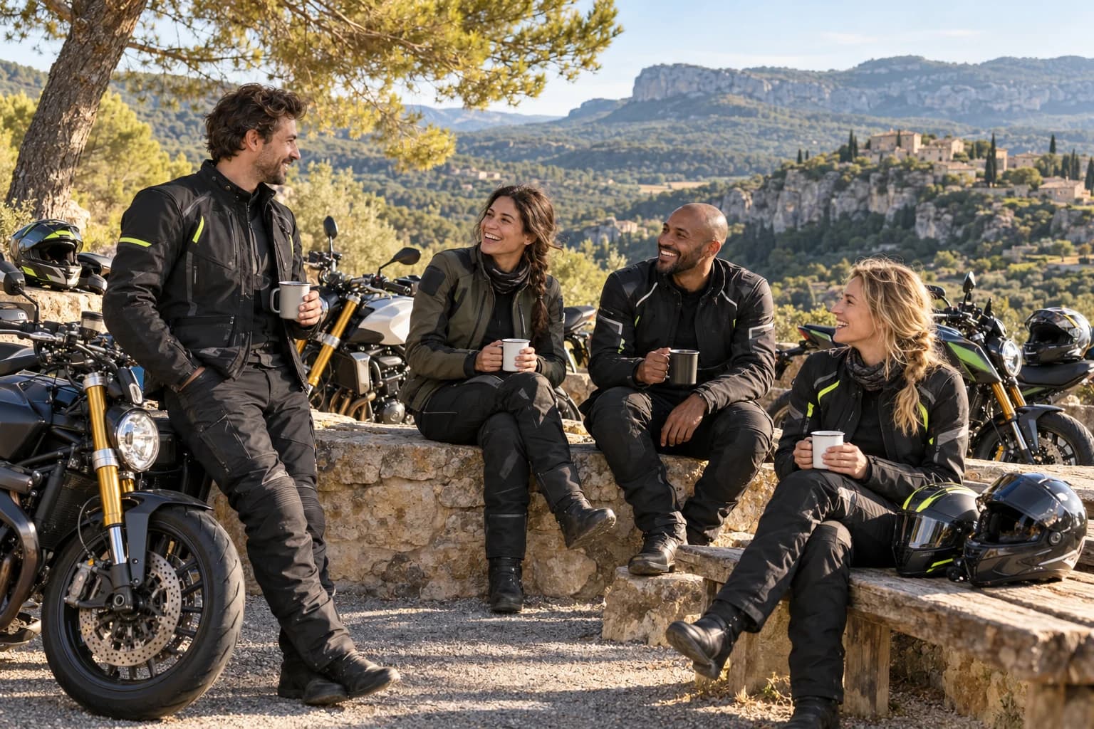Un groupe de motards profite d’une pause et discute près de ses motos.