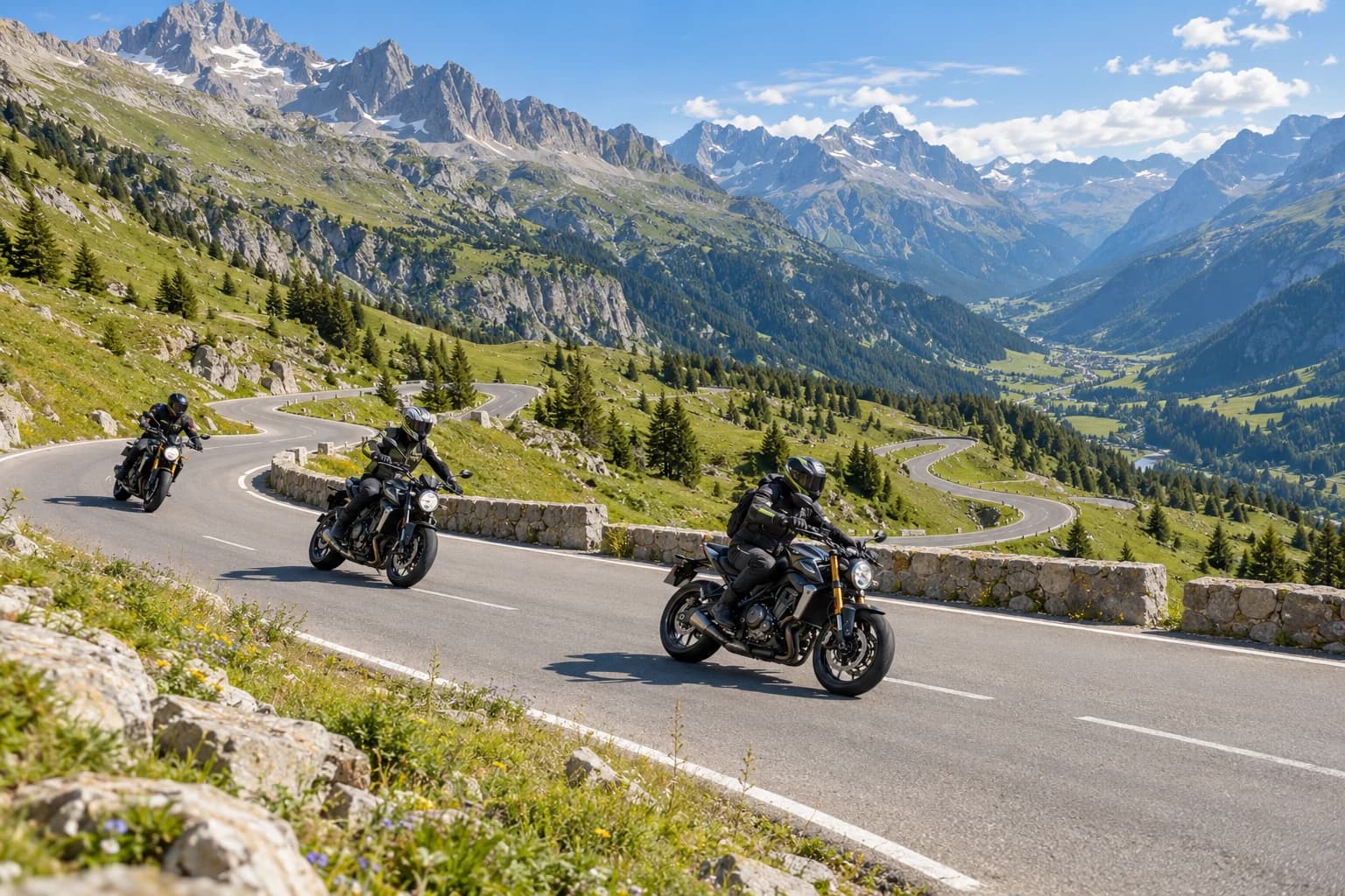 Des motards parcourent une route sinueuse dans les montagnes.